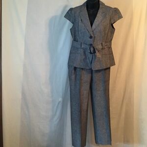 Ann Taylor Gray Short-Sleeve Belted Two-Piece Pantsuit